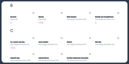 An example of an exhibitor listing page in an ASP event website template