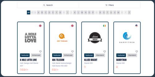 An example of an ASP event website exhibitor list showing the search and filter options