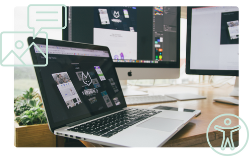 Laptop and computer monitors to demonstrate website design alongside the accessibility person icon and an alt text graphic
