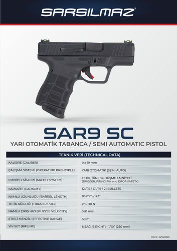 SAR9 SC 9x19mm Semi Automatic Pistol