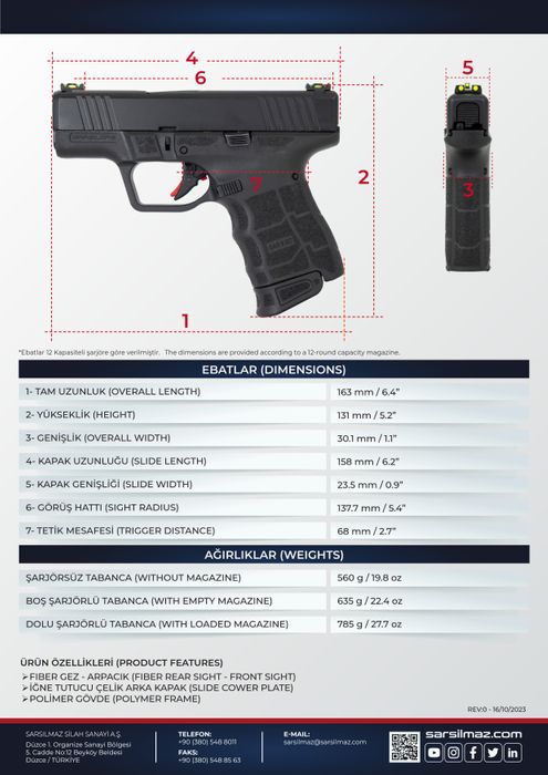 SAR9 SC 9x19mm Semi Automatic Pistol