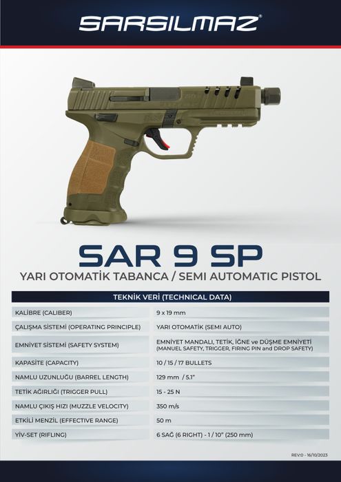 SAR9 SP 9x19mm Semi Automatic Pistol