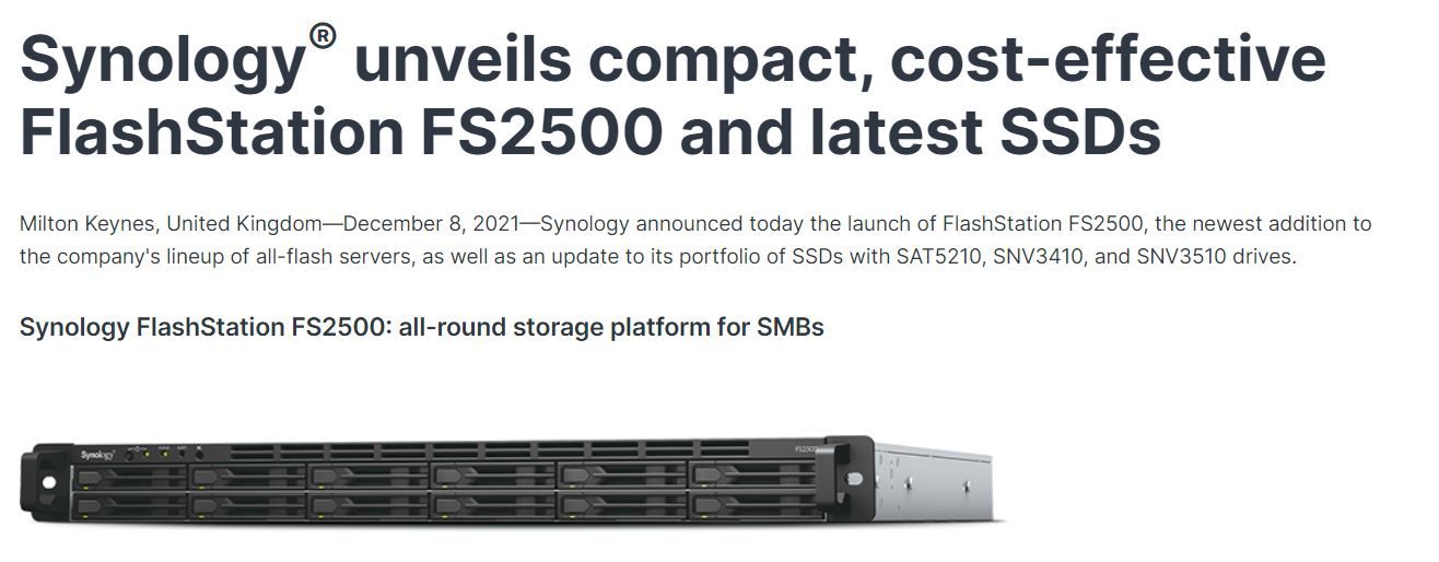 Synology unveils compact, cost-effective FlashStation FS2500 and latest SSDs