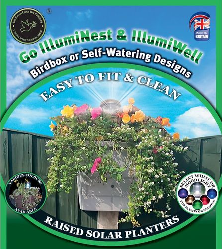 Go IllumiNest & IllumiWell, Raised East to Fit & Clean Solar planters with bird box nature haven or Self-Watering, water saving versions.