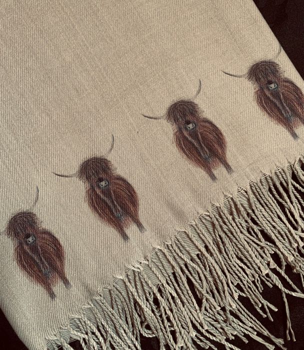 Cashmere Blend Scarves Handprinted with Highland Cows