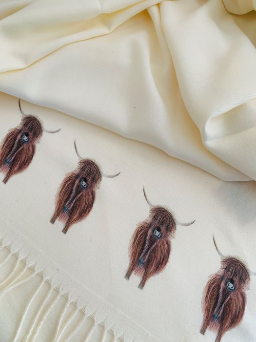 Cashmere Blend Scarves Handprinted with Highland Cows