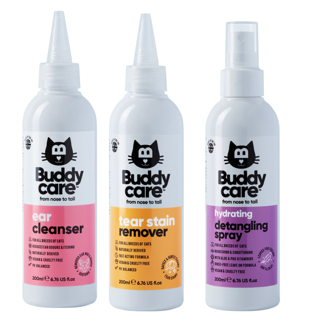 Buddycare Cat Care: Ear Cleanser, Tear Stain Remover & Hydrating Detangling Spray