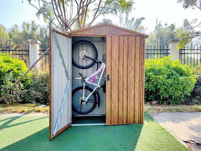 G-MORE Durable Metal Garden Shed with Double Doors and Double Side Slope Grooves