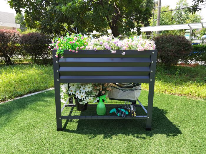 Metal Raised Garden Bed with Storage Shelf – Elevated Planter Box for Flowers, Vegetables, and Herbs