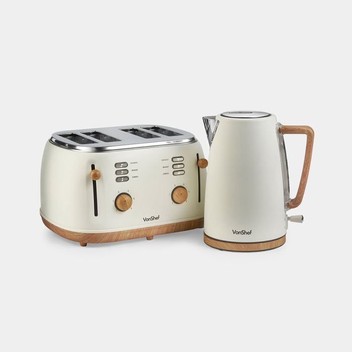 Fika Cream & Wood Kettle & Toaster Set