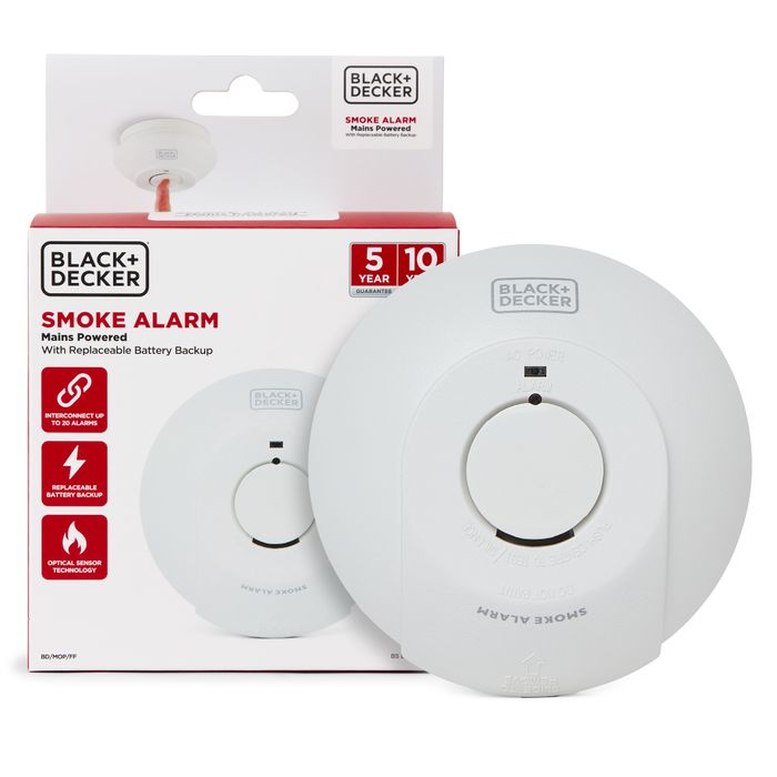Mains Powered Interlinked Smoke Detector with Battery Backup. Optical Home Alarm, Fast Fix Base, Test Button, White