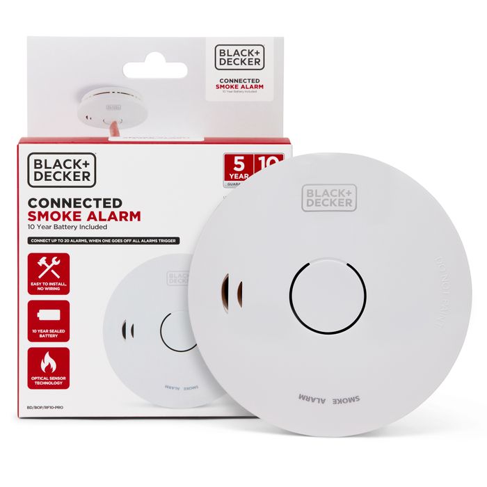 Wireless Interlinked 10-Year Lithium Smoke Alarm. Easy-Install Optical Detector, Test/Silence Button, White