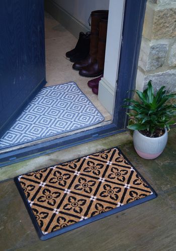 Mighty Mats Rubber Coir Tray - Monochrome Geo & Geo Loop - Dk Grey/White