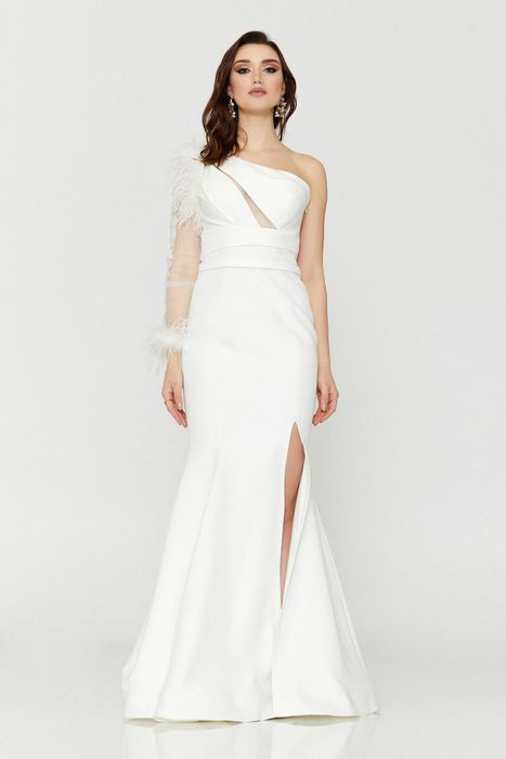 Feather cuffed sleeve gown