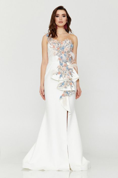 Stunning feather, bead & embroidered front gown