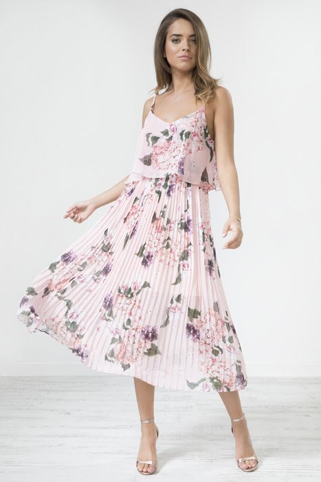 floral print pleated cami midi dress