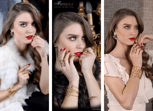Three images of a woman wearing jewellery