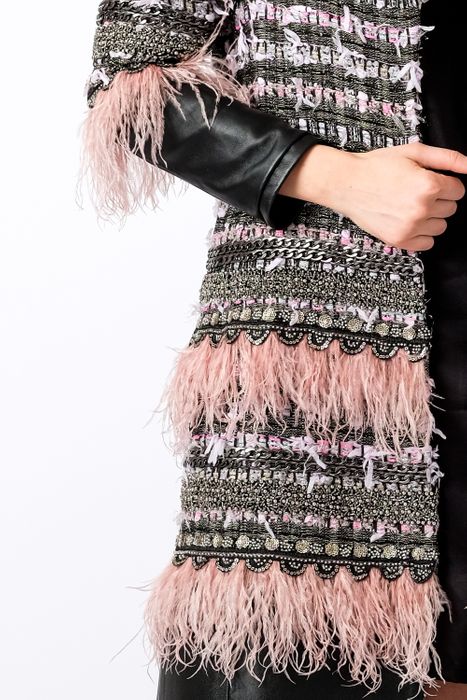 PINK MIX TWEED AND LEATHER EMBELLISHED COAT