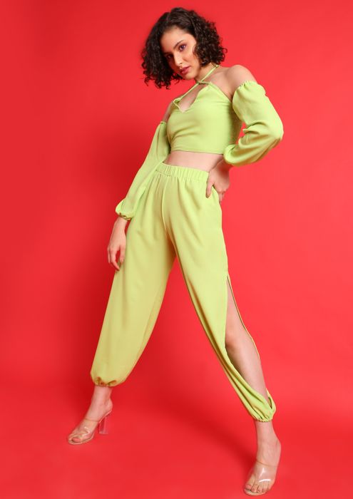 Lemon green two piece dress with corset crop top and trouser
