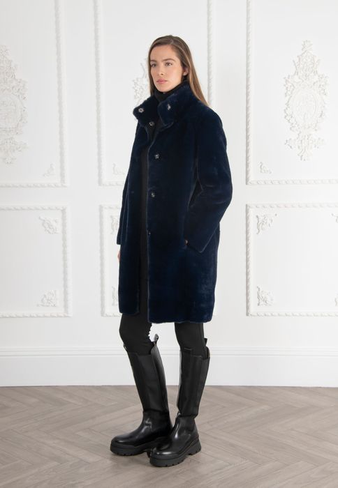 SIGNATURE Jackie Stand Collar Faux Shearling Coat Ink Blue