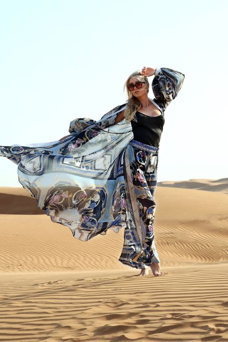 Ducks Print Wrap Dress Kimono With Matching Trousers