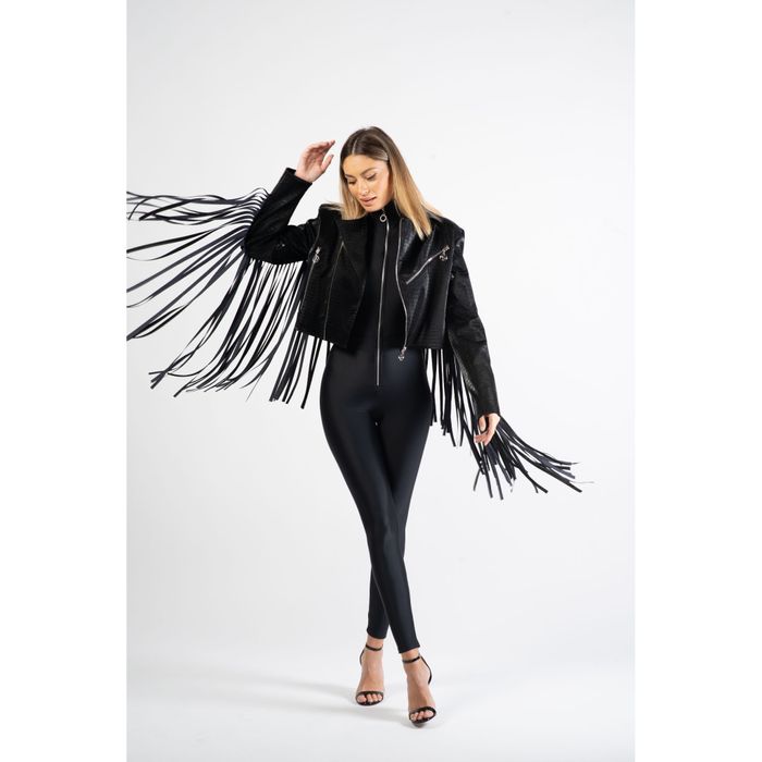 Black lady's eco leather jacket with fringes on the back and sleeves - Wild West