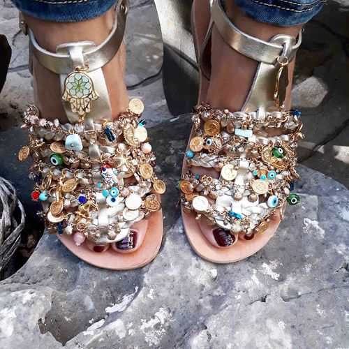 Jeweled gold leather sandals with crystals, precious stones & charms CHARISMA