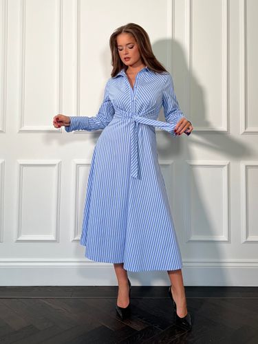 Isabella Blue Pin Stripe Tie Front Shirt Dress