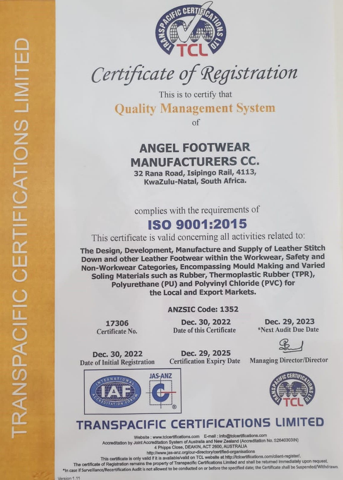 Angel Footwear ISO 9001 accreditation