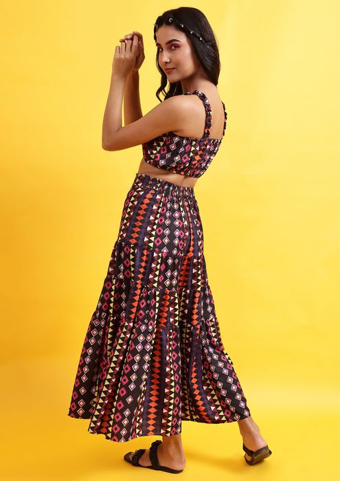 Multi color printed two pieces maxi dress