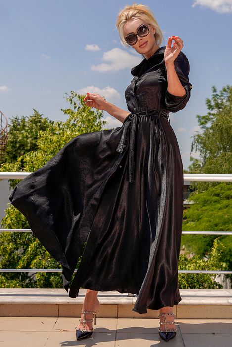 BUTTONS DOWN FRONT LAPEL SATIN MAXI SHIRT DRESS