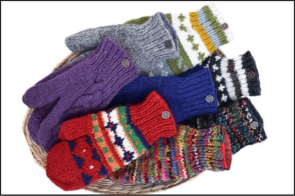 WRISTWARMERS, MITTENS, GLOVES.  Colourful, warm and traditional/trendy.  Many colour matches available in hats and headbands.
