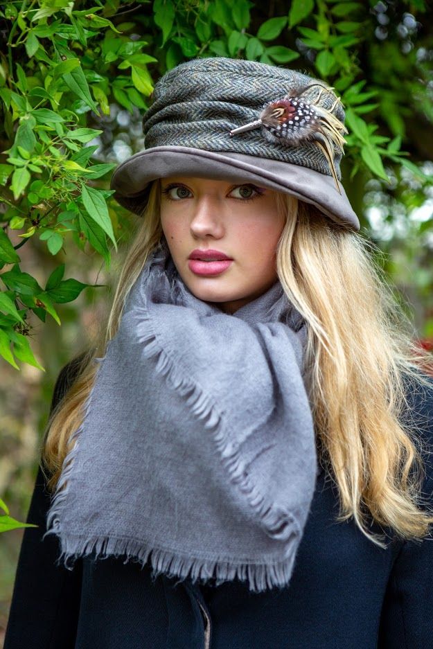 PT27 Tweed and Velvet Hat with Feather Pin. Spring Fair 2025