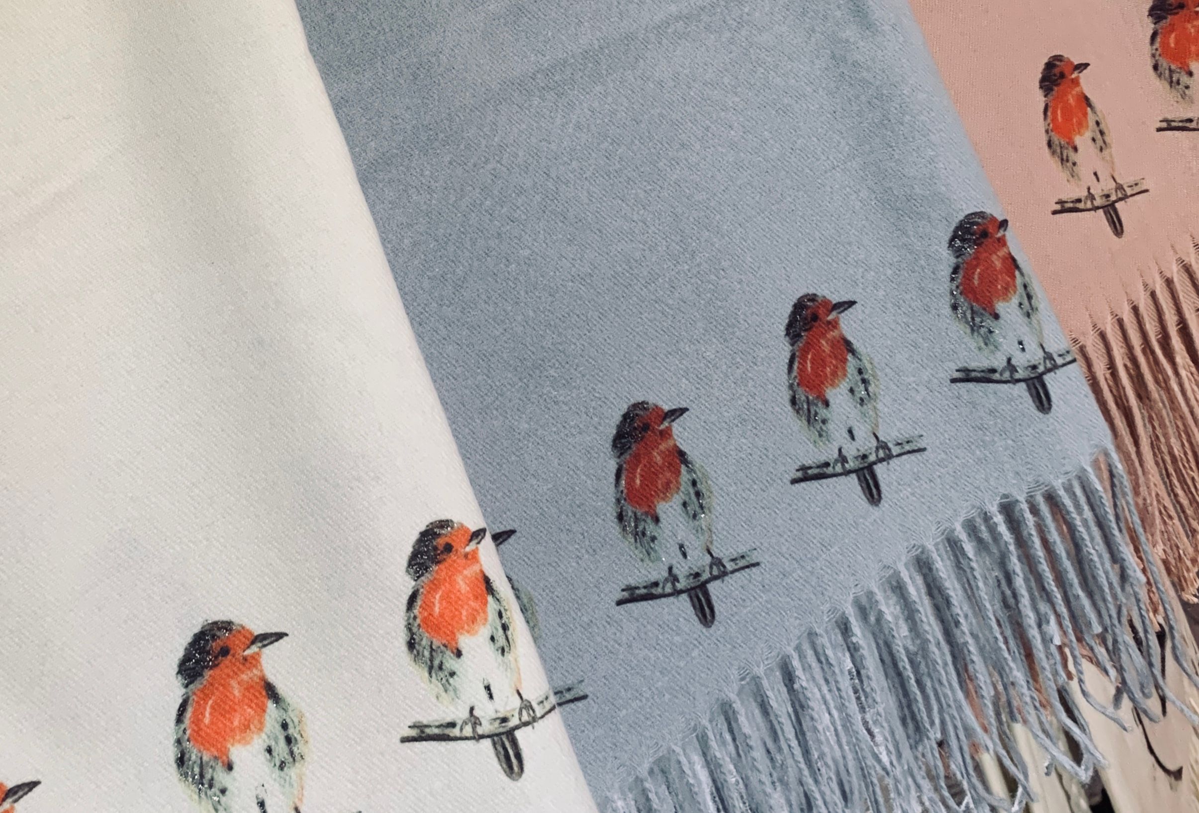 Robins handprinted on a Cashmere Blend scarf