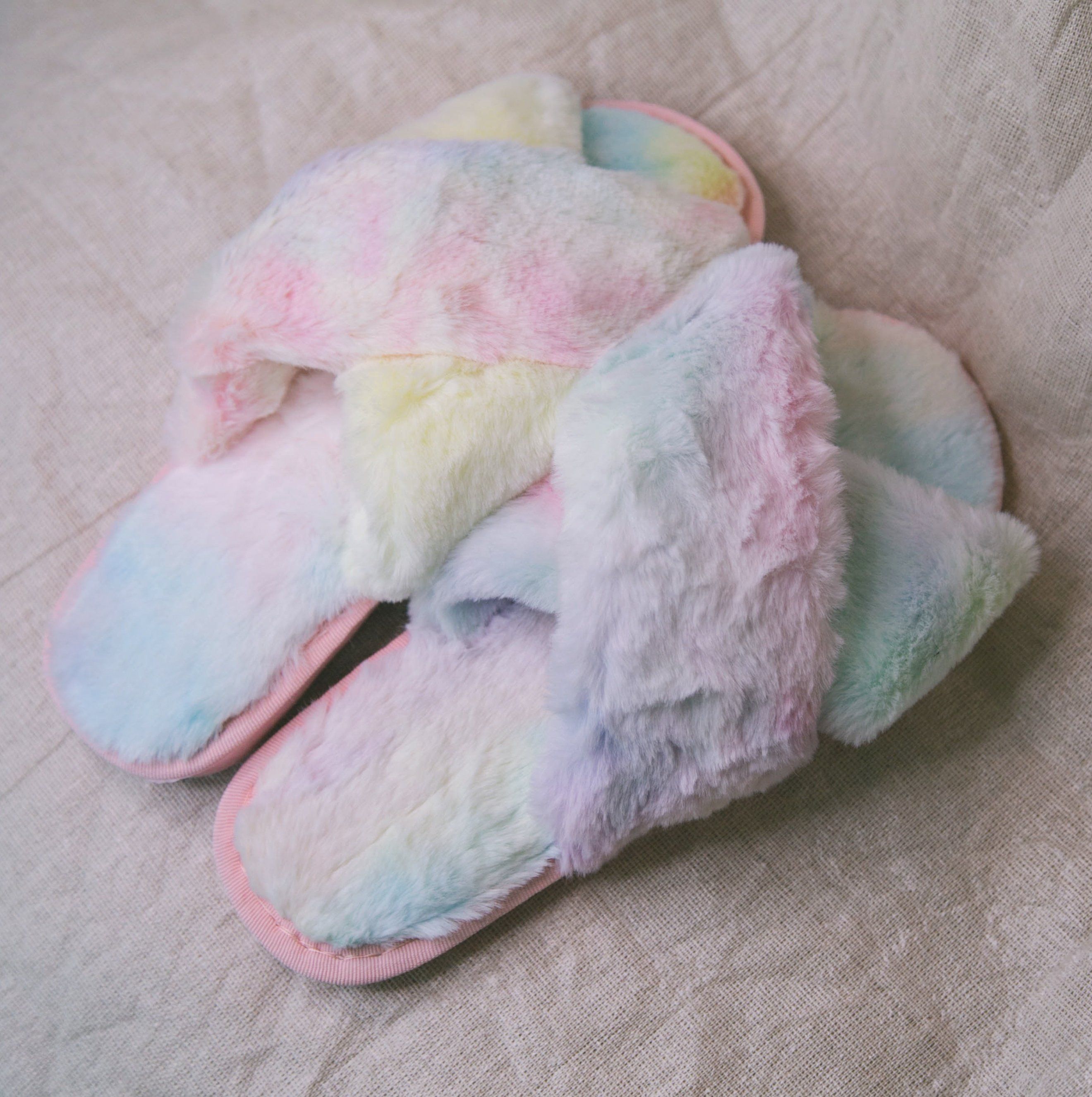 Blossom Faux Fur Slippers - Pastel Rainbow