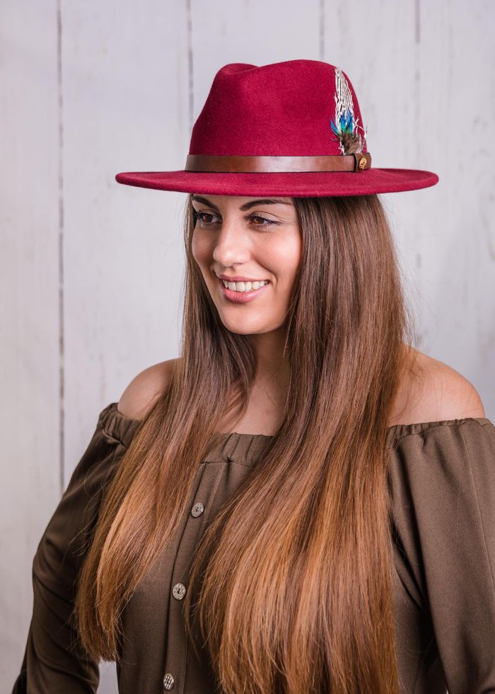 H123 Ladies maroon wool felt fedora. Spring Fair 2021 The UK's No