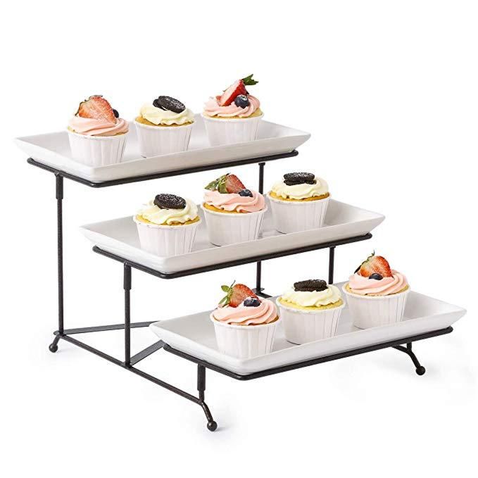 3 Tier Serving Stand Collapsible Sturdier Rack with 3 Porcelain Serving