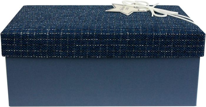 Blue Box with Textured Fabric Blue Lid, Chocolate Brown Interior and Suede Decorative Ribbo