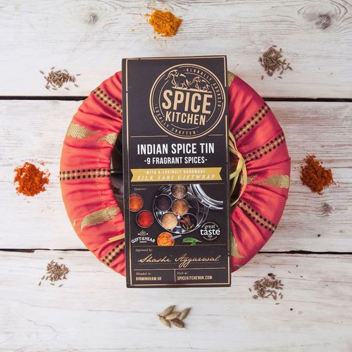 INDIAN SPICE TIN WITH 9 SPICES & HANDMADE SILK SARI WRAP | GIFT OF THE YEAR WINNER