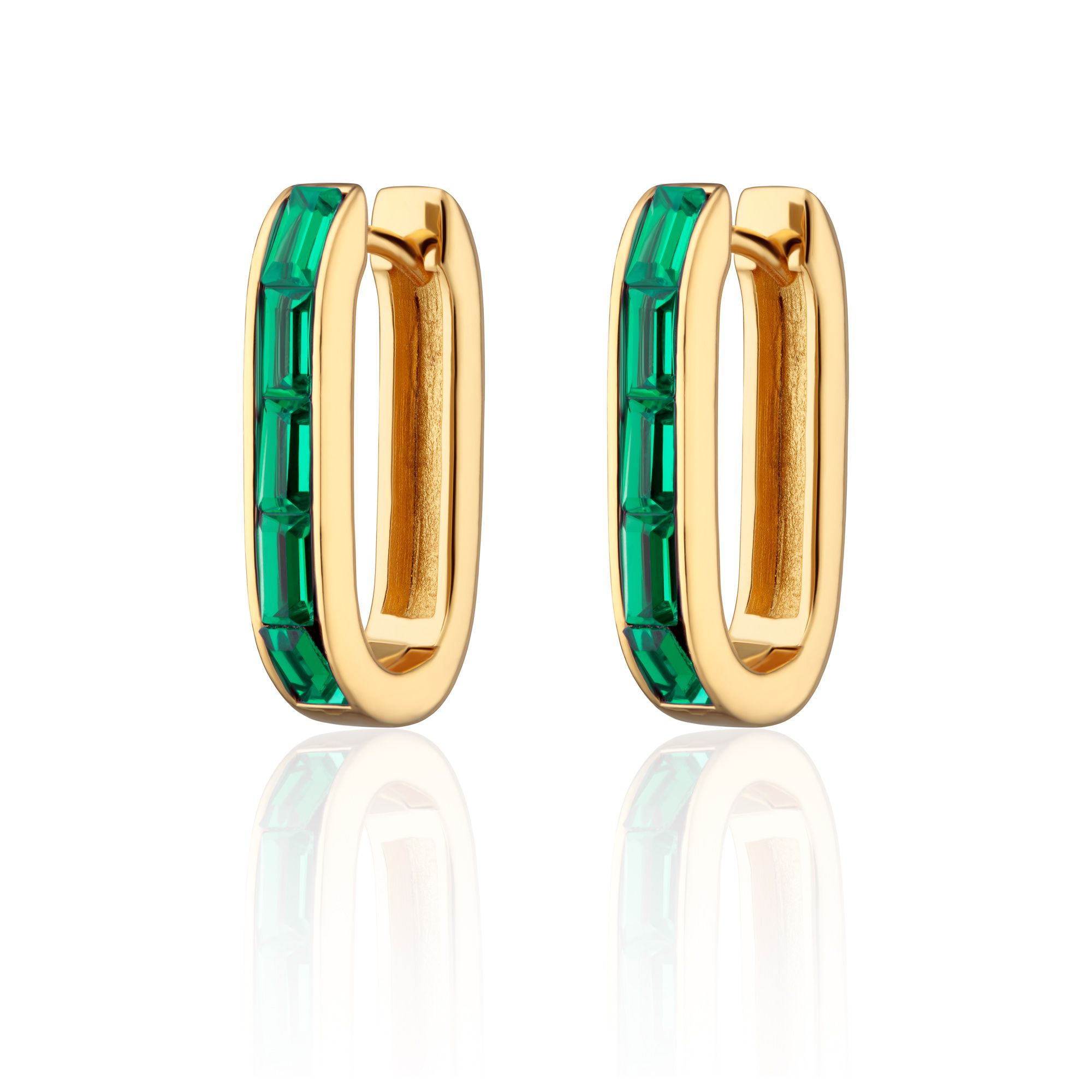Oval Baguette Hoop Earrings with Green Stones