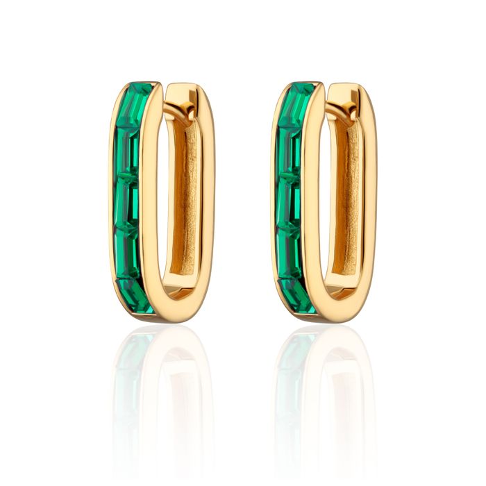 Oval Baguette Hoop Earrings with Green Stones
