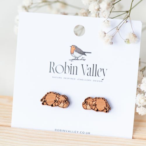 Robin Valley Sleeping Highland Cow Wooden Earrings