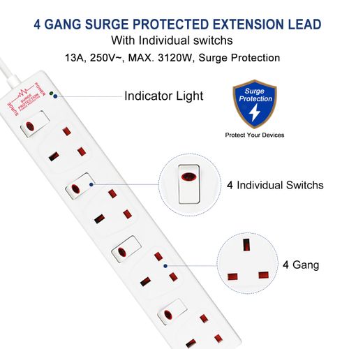 ExtraStar Extension Lead Surge Protection 4 Way Outlets, 13A Power Strip Wall Mounted with Individual Switches, Multi Socket Extension Cable UK Plug for Home and Office (White or Black)