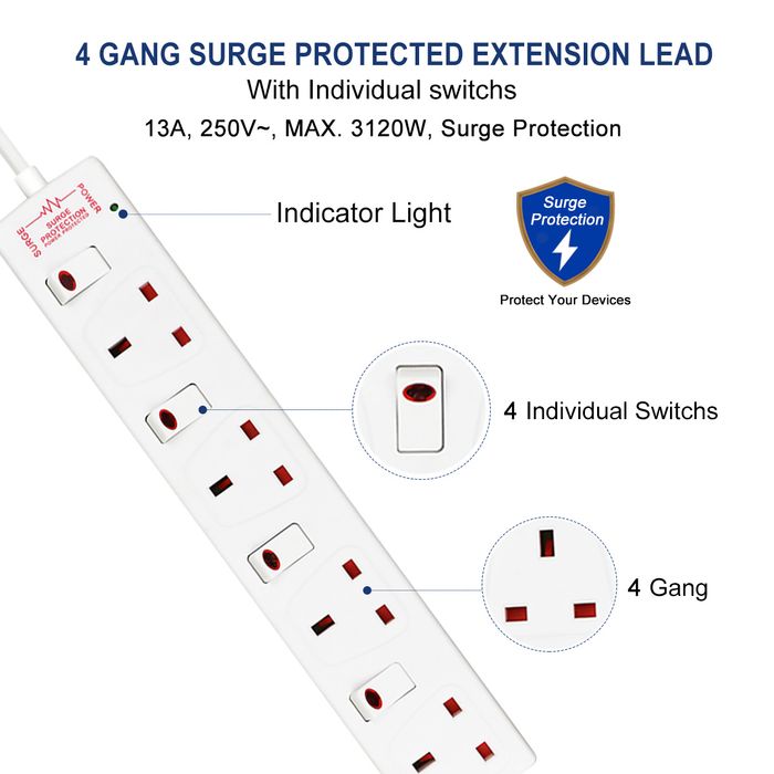 ExtraStar Extension Lead Surge Protection 4 Way Outlets, 13A Power Strip Wall Mounted with Individual Switches, Multi Socket Extension Cable UK Plug for Home and Office (White or Black)