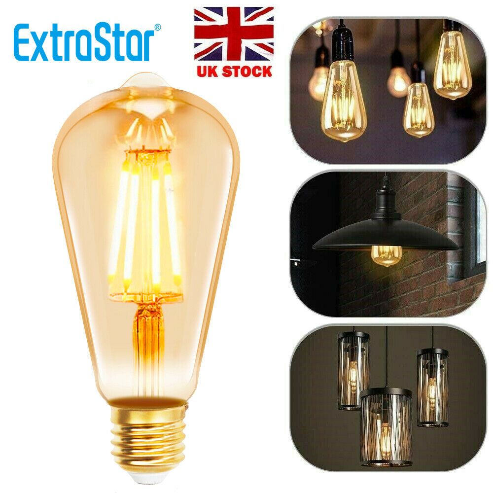 ExtraStar Vintage Edison Light Bulb, 6W E27 LED Filament Light Bulb, ST64 Retro Antique Style Amber Glass Screw Lamp, 540LM, Non-Dimmable