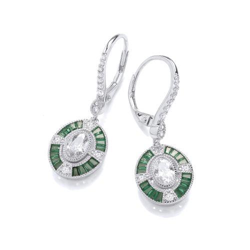 Deco style silver and emerald cubic zirconia earrings