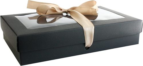 Pack of 12 Black Kraft Box with Clear Lid and Satin Ribbon