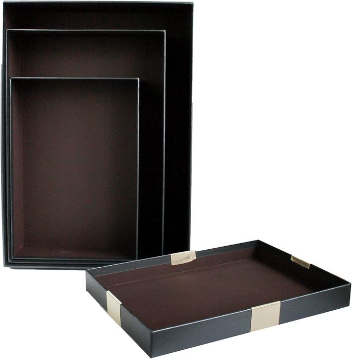 Set of 3 Rigid Luxury Rectangle Shaped Presentation Gift Box, Black Box with Lid, Printed Interior and Cream Satin Decorative Ribbon