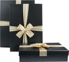 Set of 3 Rigid Luxury Rectangle Shaped Presentation Gift Box, Black Box with Lid, Printed Interior and Cream Satin Decorative Ribbon