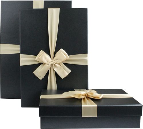 Set of 3 Rigid Luxury Rectangle Shaped Presentation Gift Box, Black Box with Lid, Printed Interior and Cream Satin Decorative Ribbon